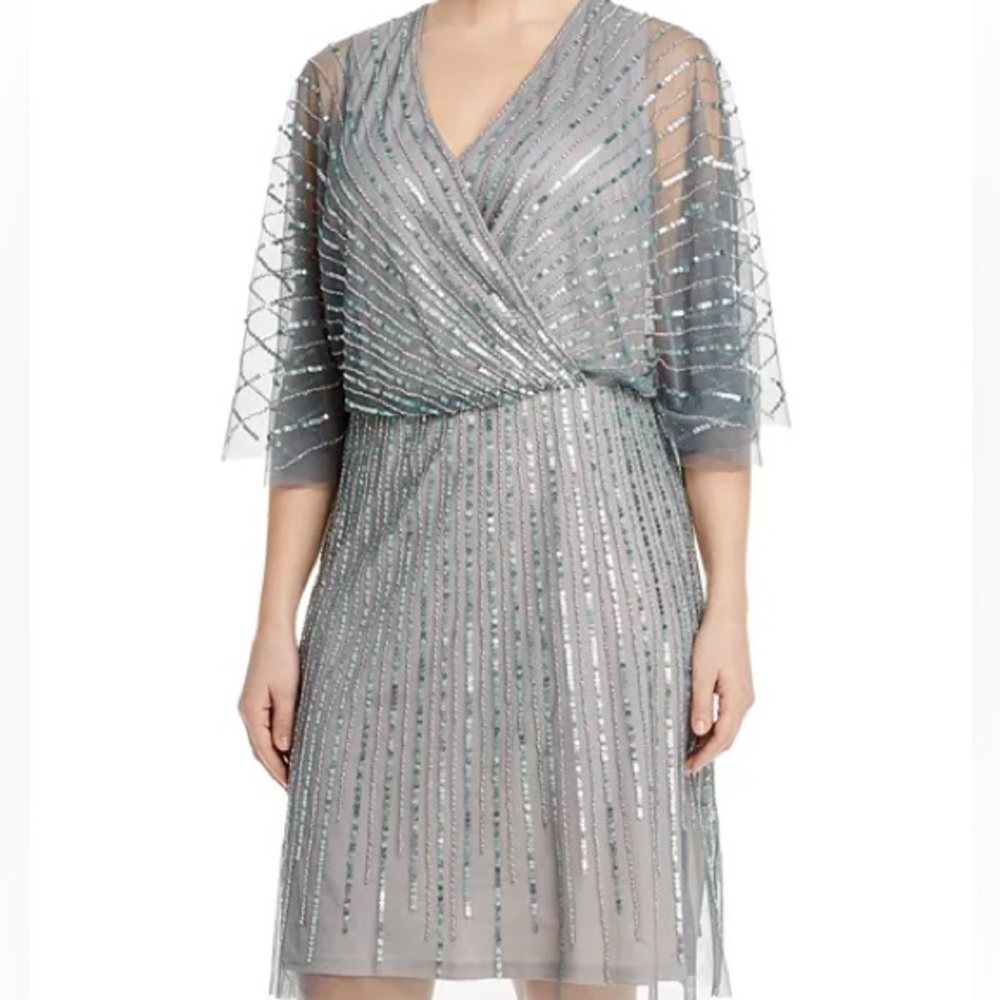 Adrianna Papell Plus Beaded Flutter Sleeve A Line Dress